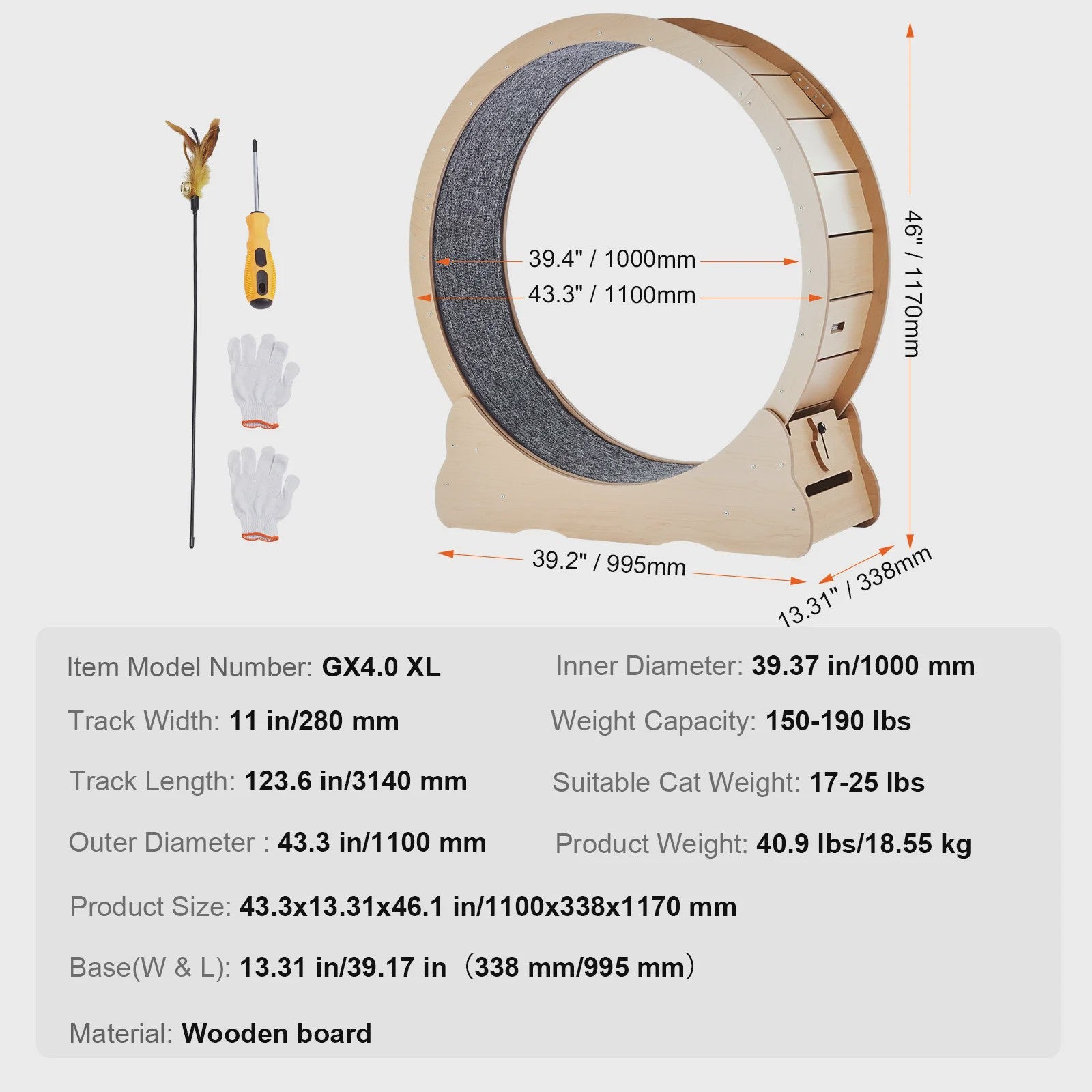 Houten Katten Loopwiel XL - Grote Kattenmolen voor Binnen met Afneembaar Tapijt & Kattenhengel