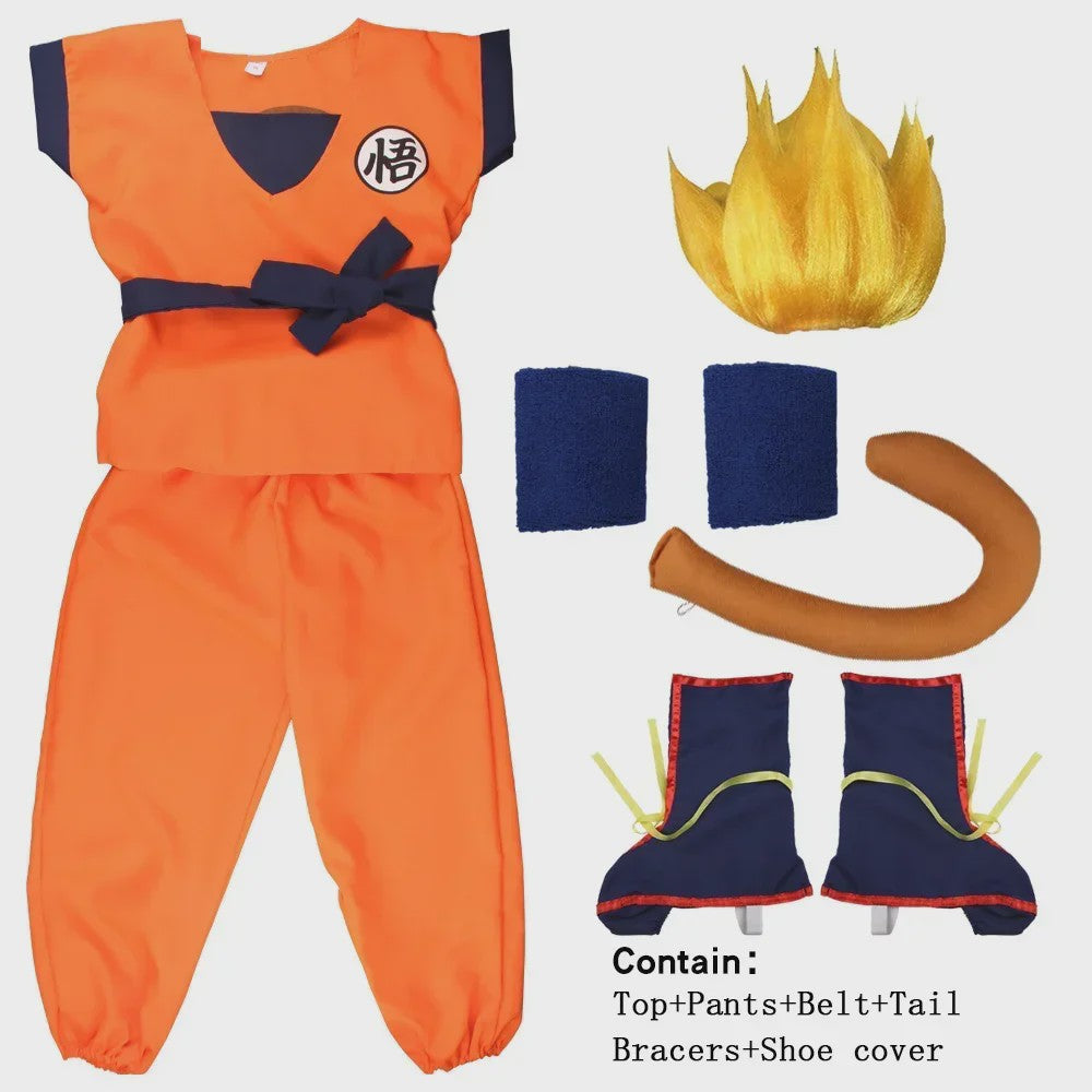 Son Goku Kinderkostuum met Pruik en Staart - Anime Cosplay Feestkostuum