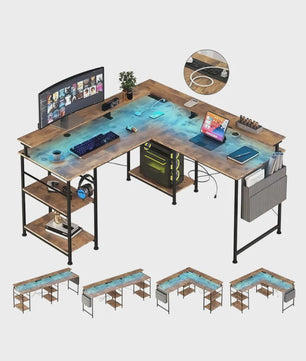 L-vormig Bureau met LED Verlichting, Stopcontacten en USB-poorten - Modern Grijs Design