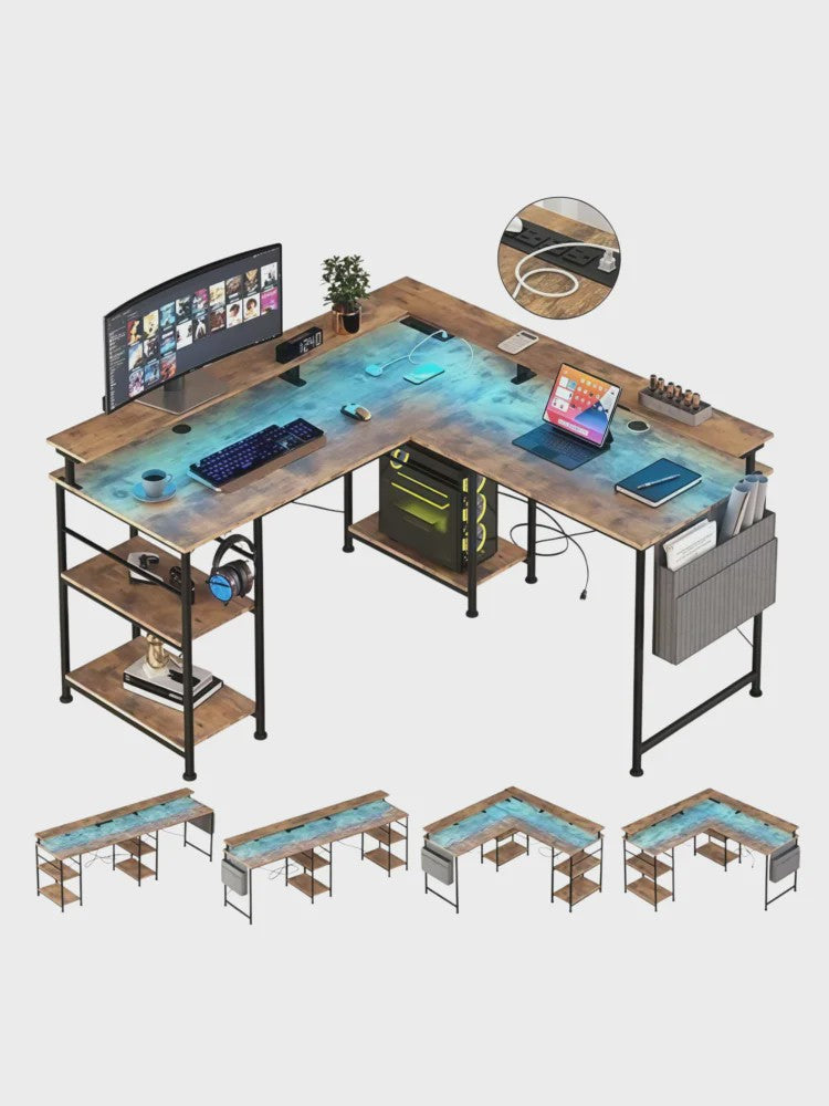 L-vormig Bureau met LED Verlichting, Stopcontacten en USB-poorten - Modern Grijs Design