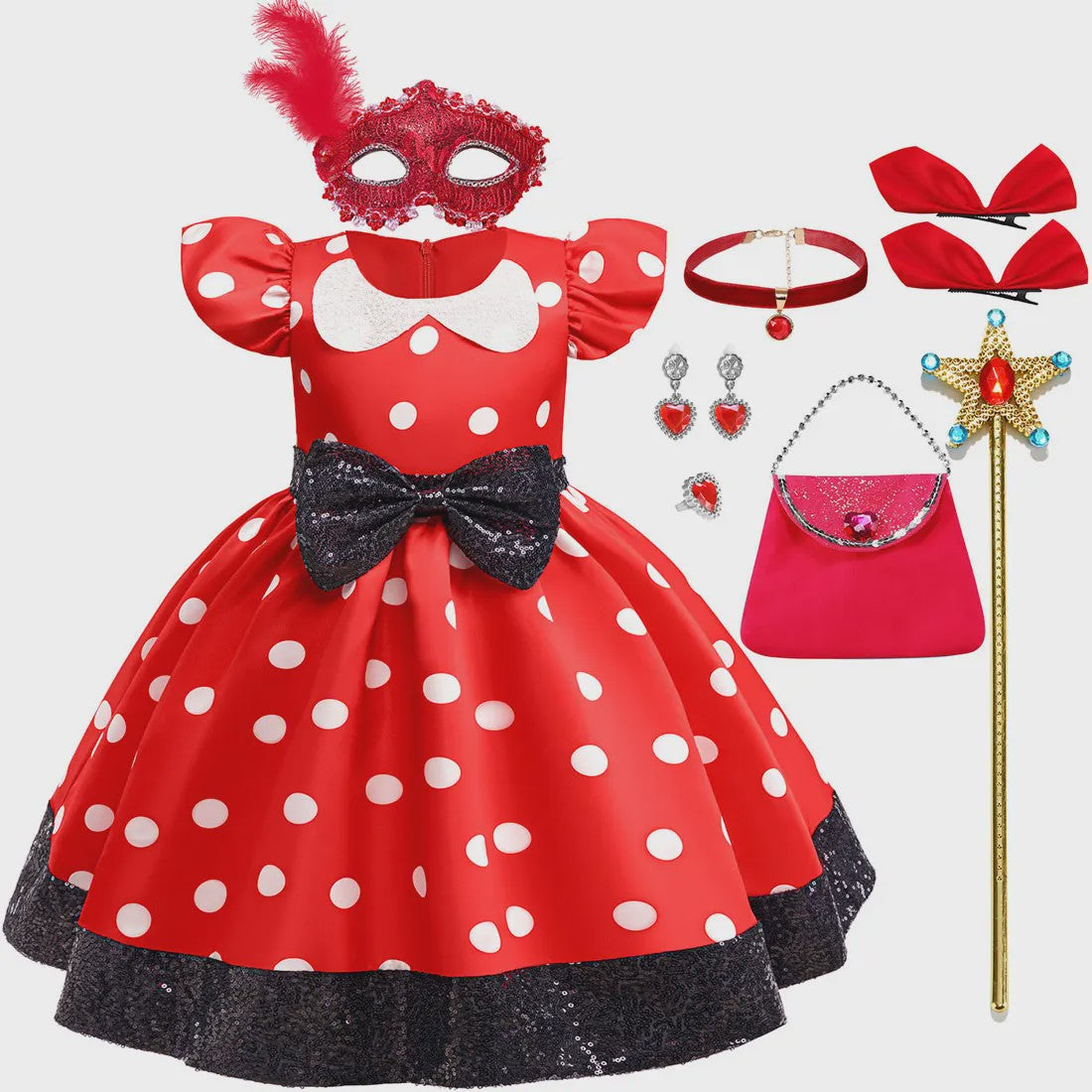 Minnie Mouse Jurk Meisjes Rood Polka Dot met Grote Pailletten Strik - Feestjurk