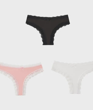 3-Pack Dames Slipjes met Kantrand - Low-Waist Thong & G-String in Luipaardprint en Effen Kleuren