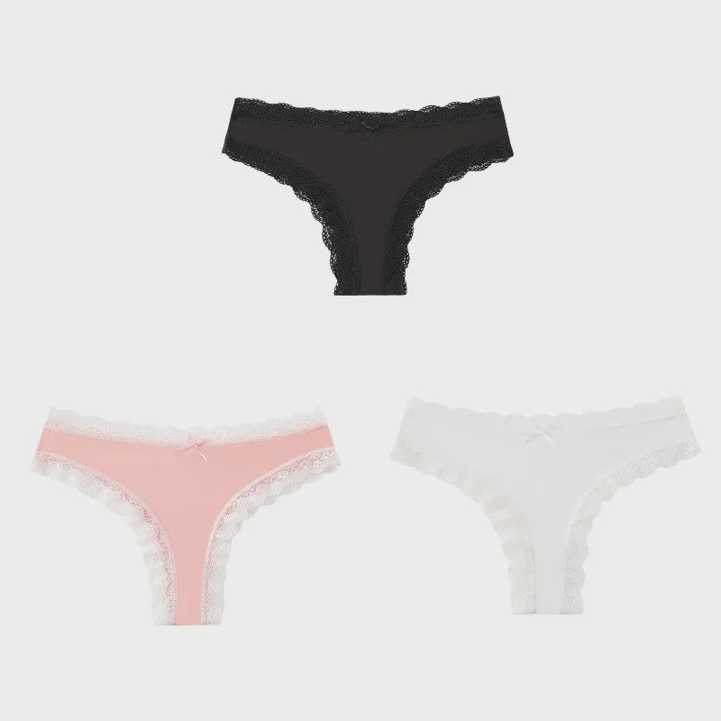 3-Pack Dames Slipjes met Kantrand - Low-Waist Thong & G-String in Luipaardprint en Effen Kleuren