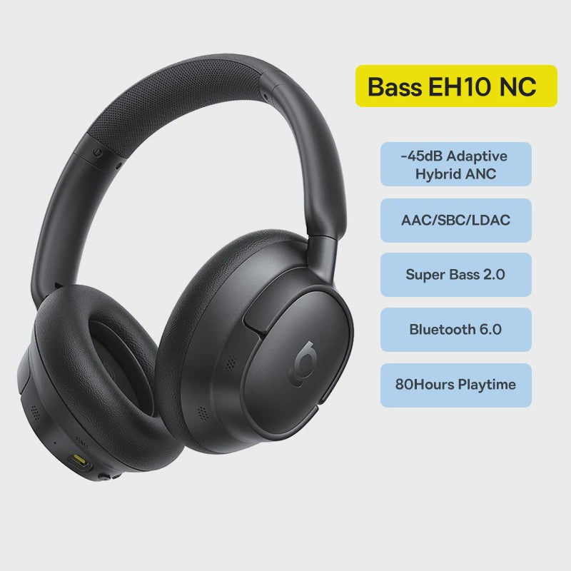 Baseus Bass EH10 NC Draadloze Koptelefoon - 45dB Noise Cancelling, 80 Uur Batterij, Bluetooth 6.0