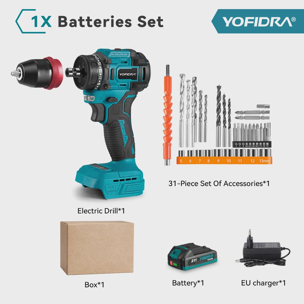 YOFIDRA 21V Brushless Accuboormachine - 10mm Klopboorfunctie, 24 Versnellingen