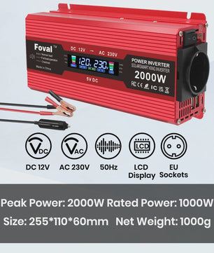 Krachtige 1500W-3000W Auto Omvormer (DC12V/24V naar AC230V) met LCD, USB & EU-stopcontact