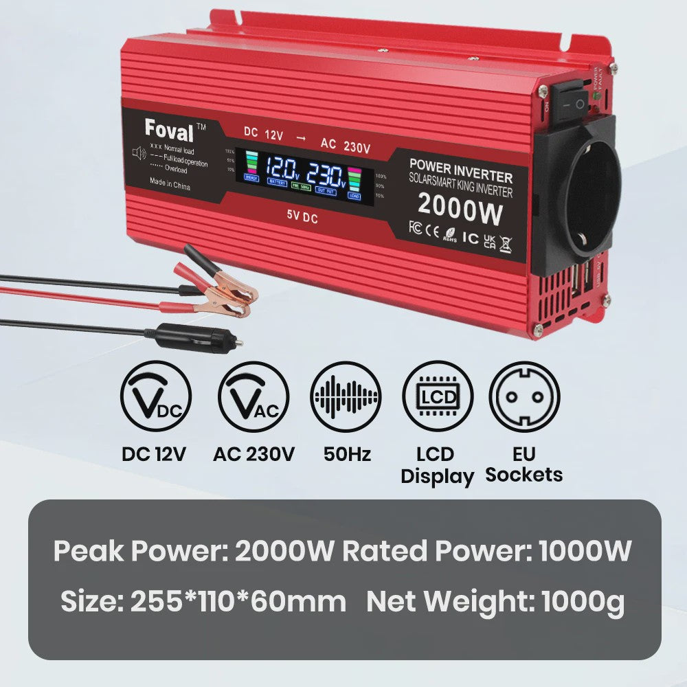 Krachtige 1500W-3000W Auto Omvormer (DC12V/24V naar AC230V) met LCD, USB & EU-stopcontact