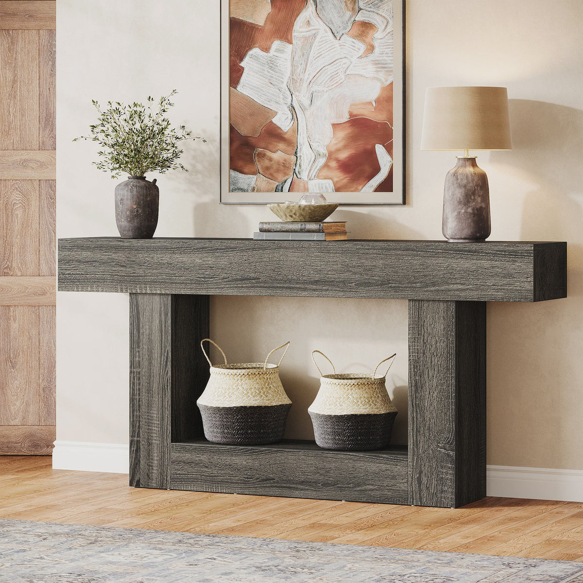 Lange Console Tafel 63 Inch - Farmhouse Entree Tafel met U-Vormige Basis en Onderste Plank