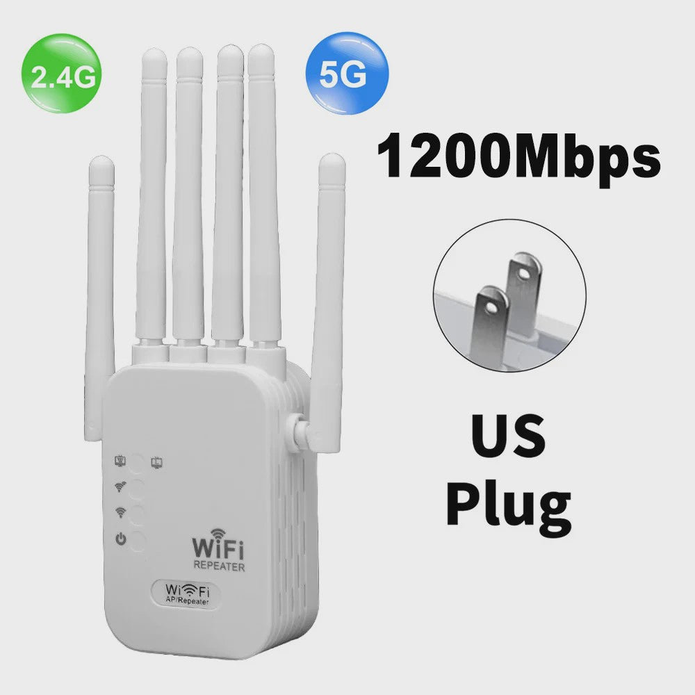 1200Mbps Dual-Band WiFi Repeater Extender - 5G/2.4G Signaal Booster met 6 Antennes