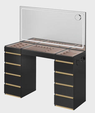 WOLTU Kaptafel met LED Spiegel, 11 Lades, Glazen Top & Oplaadpunt - Luxe Make-up Tafel