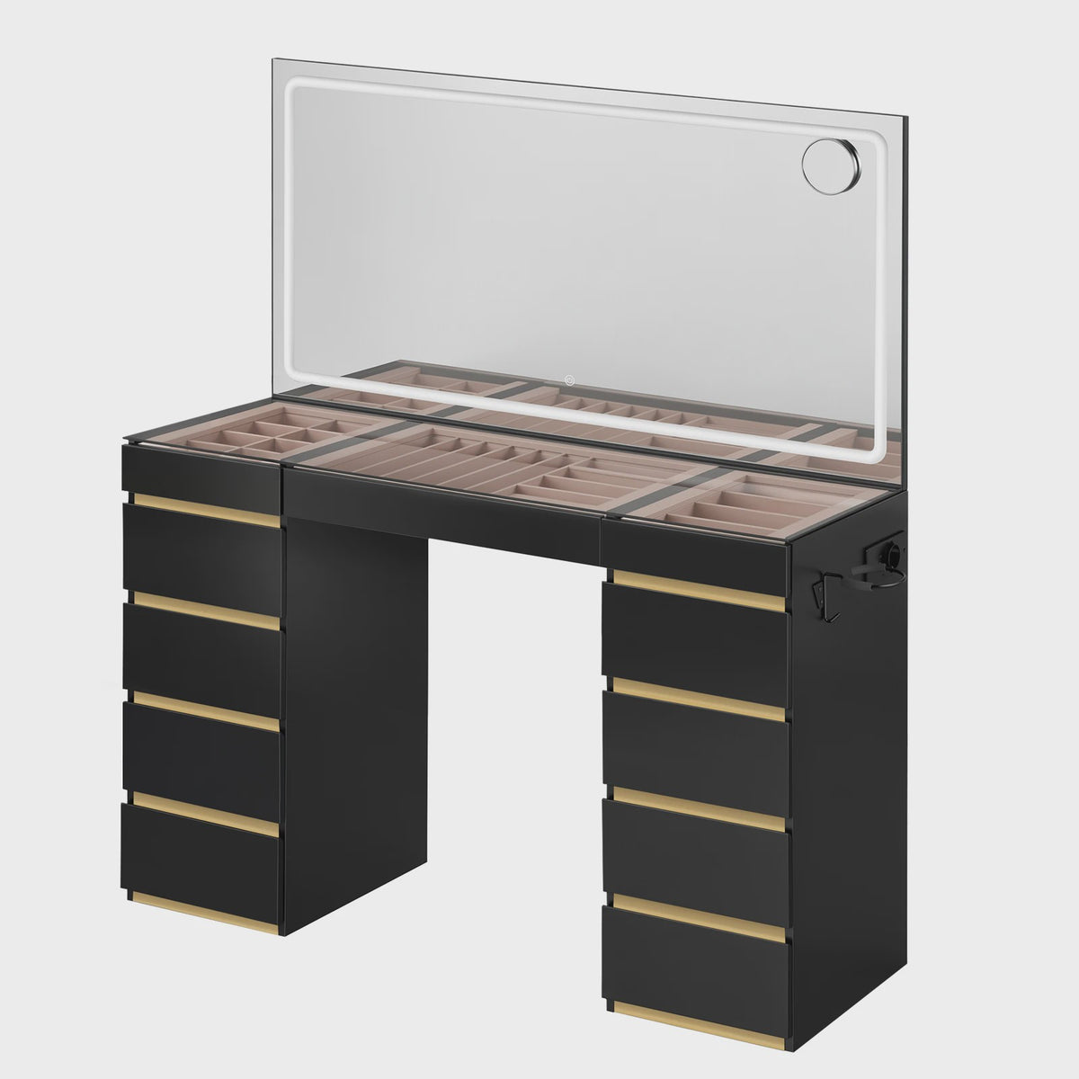 WOLTU Kaptafel met LED Spiegel, 11 Lades, Glazen Top & Oplaadpunt - Luxe Make-up Tafel