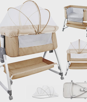 Baby Co-sleeper Wieg 2-in-1 met Wielen, 6 Hoogte-instellingen en Klamboe