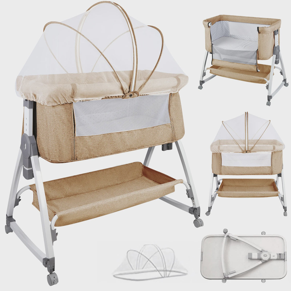 Baby Co-sleeper Wieg 2-in-1 met Wielen, 6 Hoogte-instellingen en Klamboe