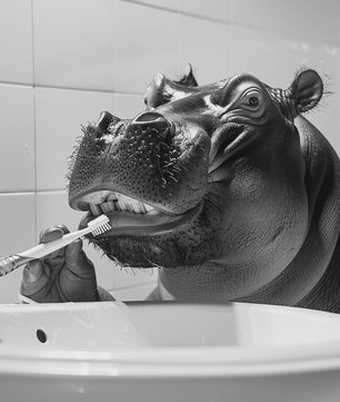 Grappige Zwart-Wit Canvas Poster: Schattige Dieren Poetsen Tanden - Muurdecoratie