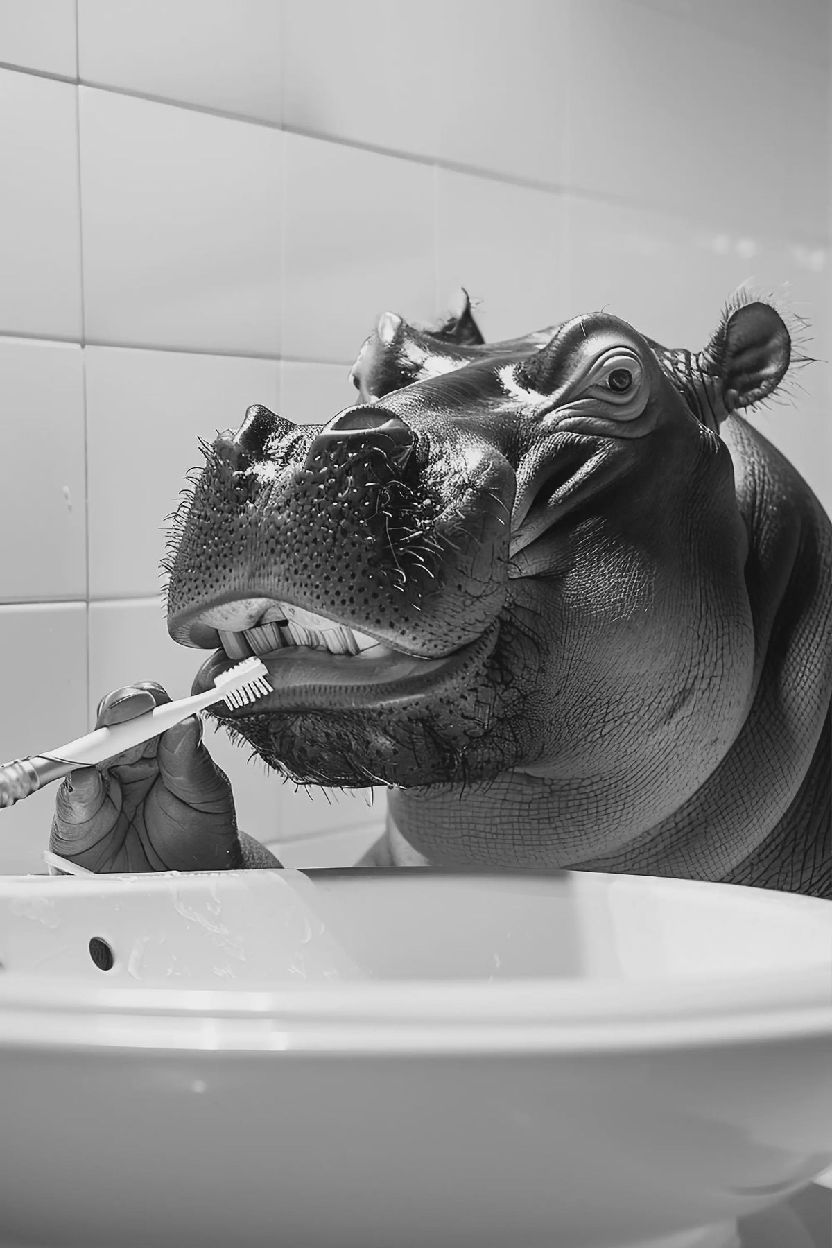 Grappige Zwart-Wit Canvas Poster: Schattige Dieren Poetsen Tanden - Muurdecoratie