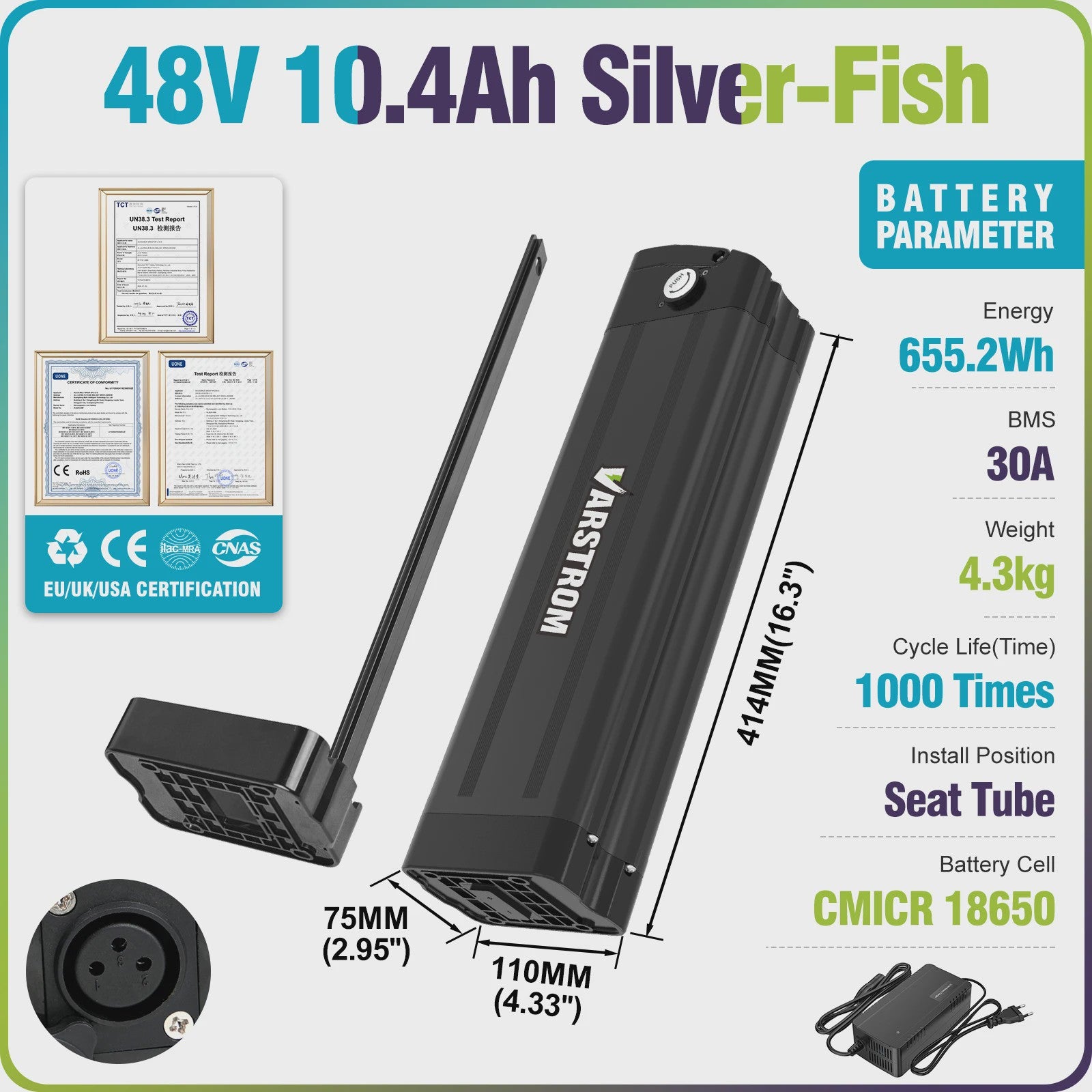 Varstrom E-bike Batterij 36V/48V/52V - Krachtige Lithium Accu met 40A BMS & Lange Levensduur