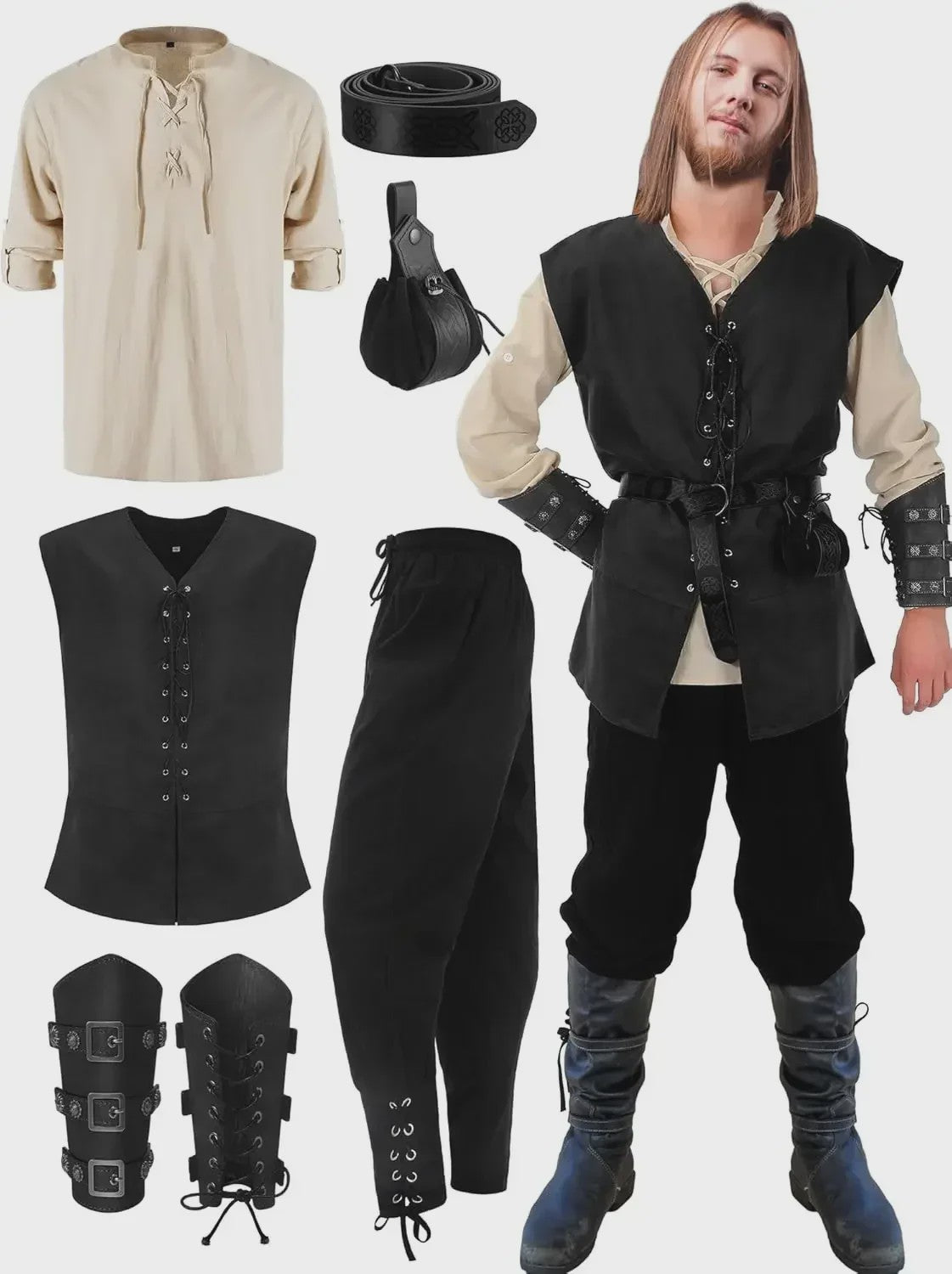 Herfst/Winter Herenkostuum: Middeleeuws Renaissance Viking Set (6-delig)