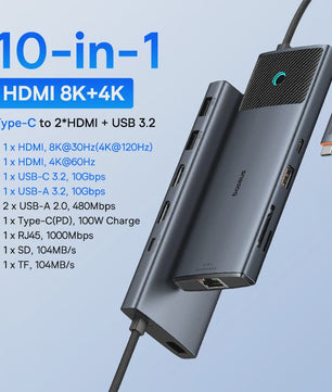 Baseus 10-in-1 USB-C Hub: 8K/4K Dual HDMI, 10Gbps, RJ45, PD 100W - Uitbreidingsstation voor MacBook & Laptop