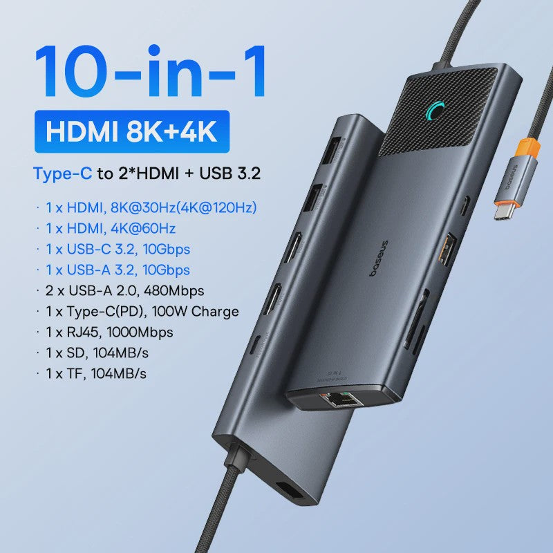 Baseus 10-in-1 USB-C Hub: 8K/4K Dual HDMI, 10Gbps, RJ45, PD 100W - Uitbreidingsstation voor MacBook & Laptop