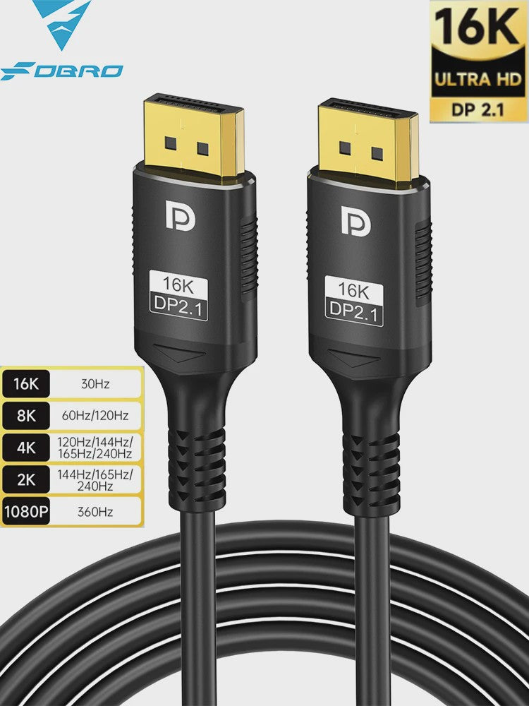 Displayport 2.1 Kabel - 16K Ultra HD, 8K 120Hz, 4K 240Hz, 80Gbps, HDR - Voor Gaming, Laptop, Monitor