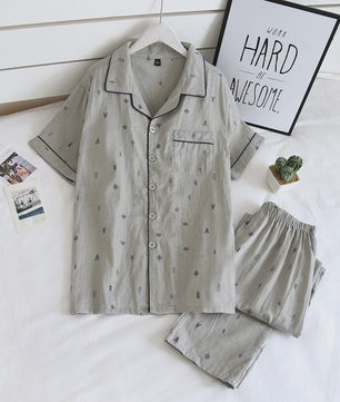 Heren Pyjama Set van 100% Katoen Gauze - Korte Mouw & Print - Comfortabele Homewear voor Zomer