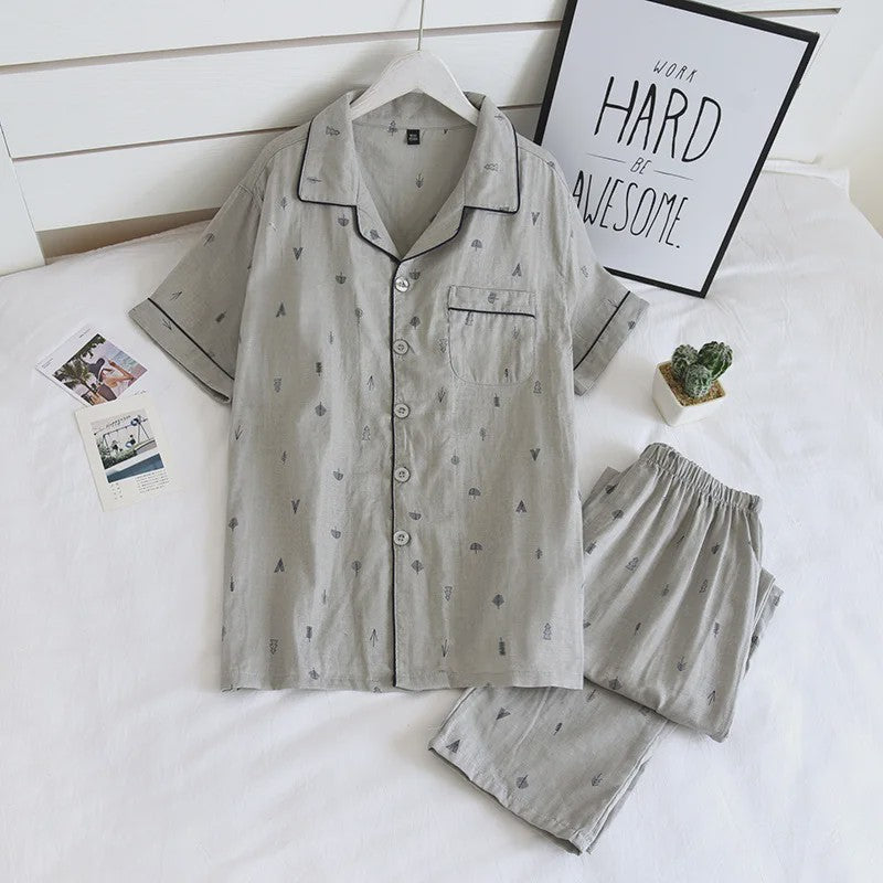 Heren Pyjama Set van 100% Katoen Gauze - Korte Mouw & Print - Comfortabele Homewear voor Zomer