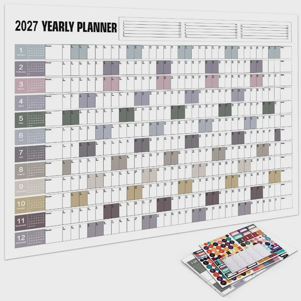 Jaarplanner 2027 - Grote Wandkalender met Planvakken en Stickers