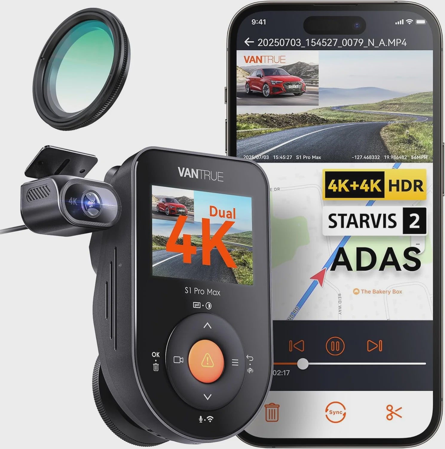 Vantrue S1 Pro Max Dual 4K Dashcam met ADAS, BSD, IP67 Waterdichte Camera en Spraakbesturing