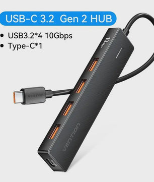 Vention 4-Poorts USB 3.2 Gen 2 Hub (10Gbps) - Compacte Adapter voor Laptop & PC