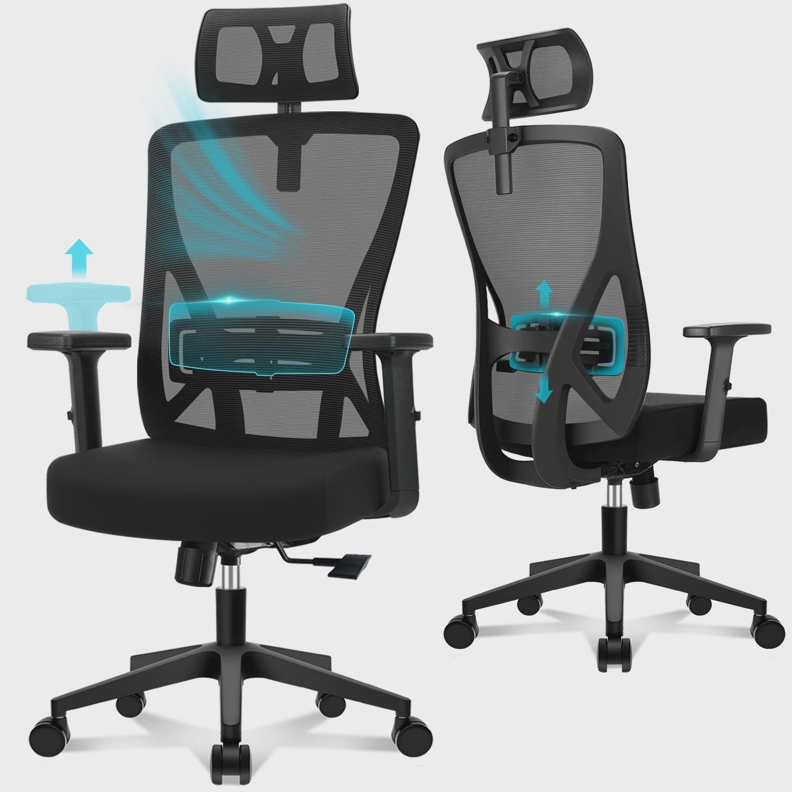 Ergonomische bureaustoel mesh met verstelbare hoofdsteun en lendensteun - 150kg belastbaar