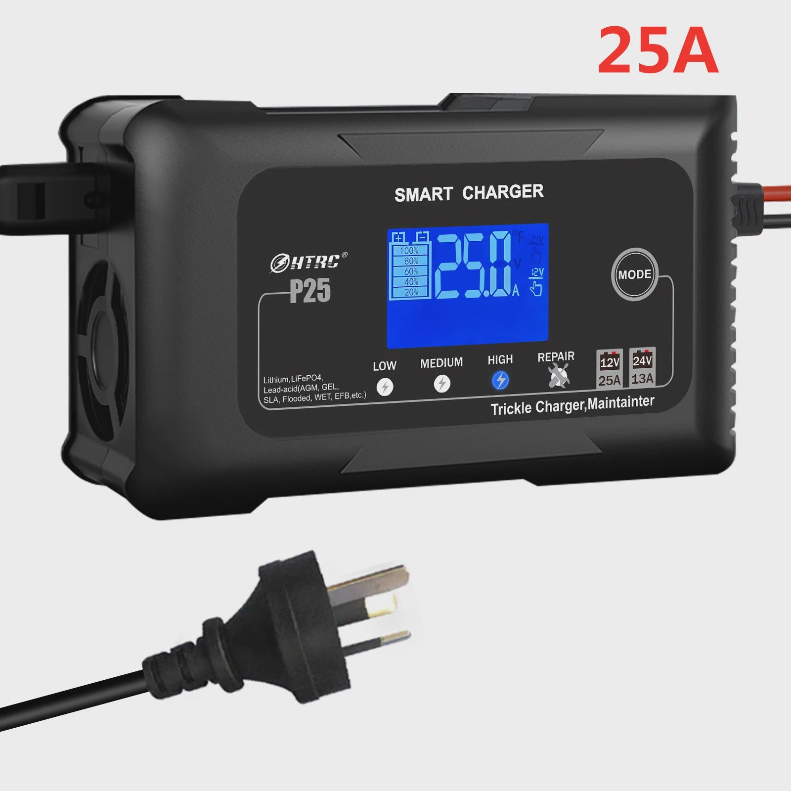 HTRC Slimme Acculader 12V/24V - Automatisch Laden & Reparatie voor Auto, Motor, LiFePO4, AGM