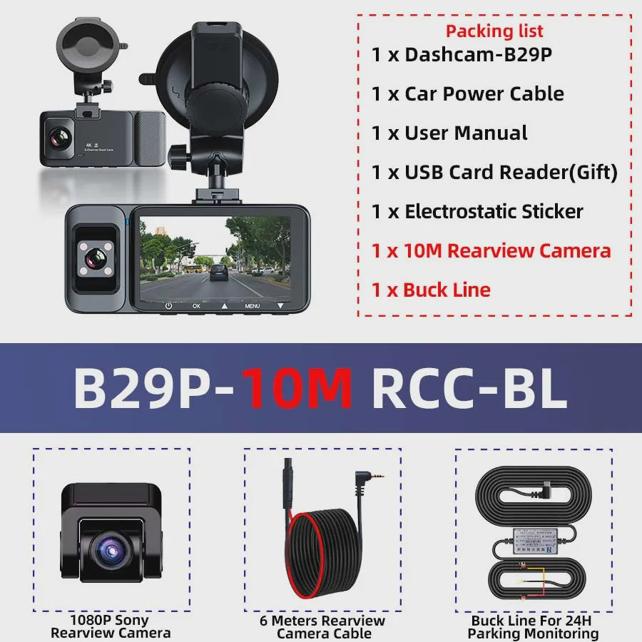 4K 3-Kanaals Dashcam met Infrarood Interne Camera, WIFI, GPS & Parkeermodus - 3'' LCD