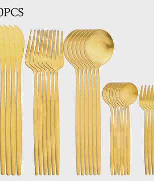 Luxe 30-delige Bestekset RVS: Goud & Zwart Dinerbestek, Fruitvorkjes en Lepels