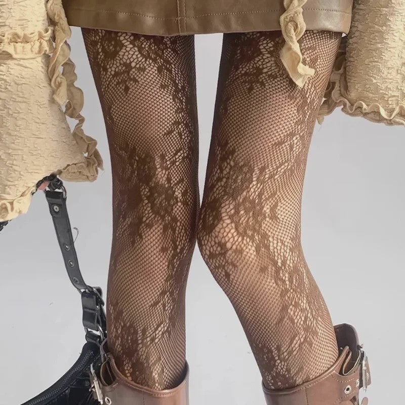 Luxe Kant & Mesh Pantyhose met Bloemendessin - Sexy & Modieus