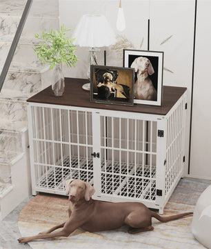Stijlvolle Houten Hondenkennel - Meubelstijl Bench met 3 Deuren en Uitneembare Lade