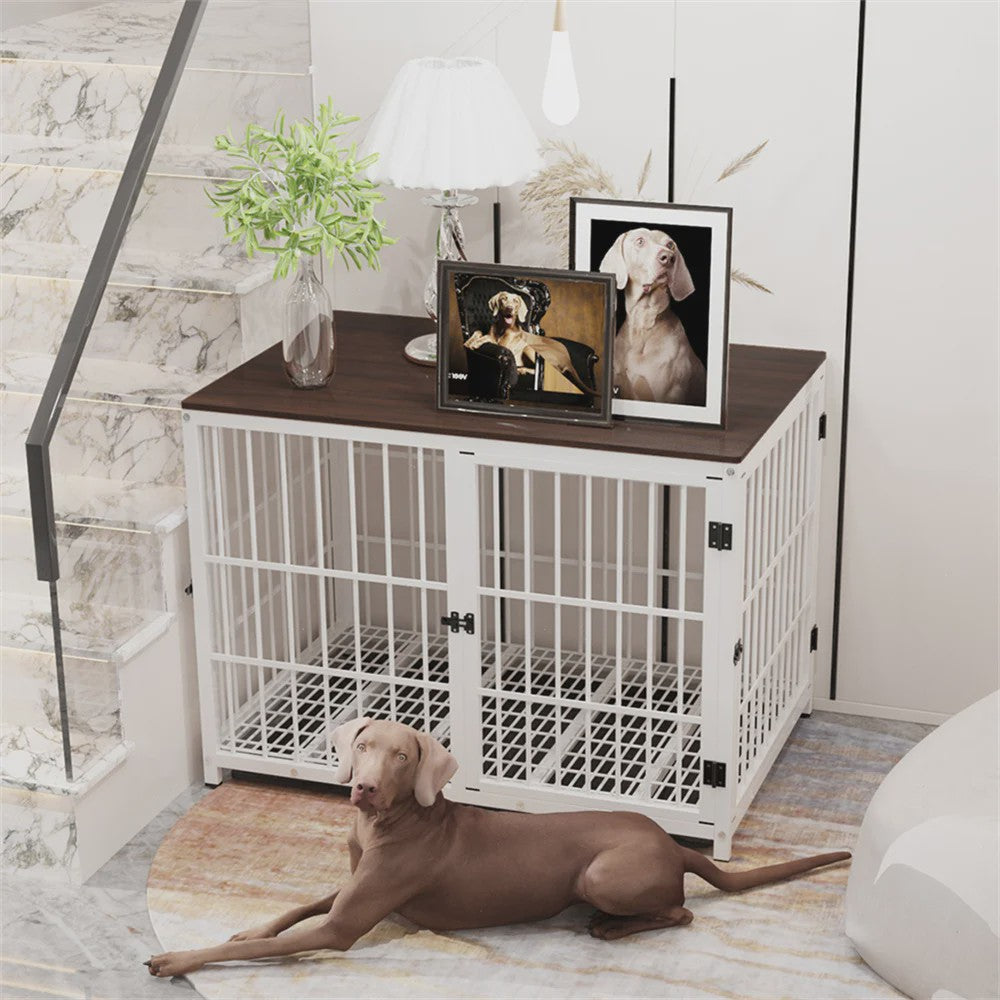 Stijlvolle Houten Hondenkennel - Meubelstijl Bench met 3 Deuren en Uitneembare Lade