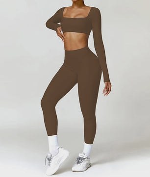 Dames Yoga Set 2-Delig: Sneldrogend Sportpak met Lange Mouwen Top en Hoge Taille Shorts