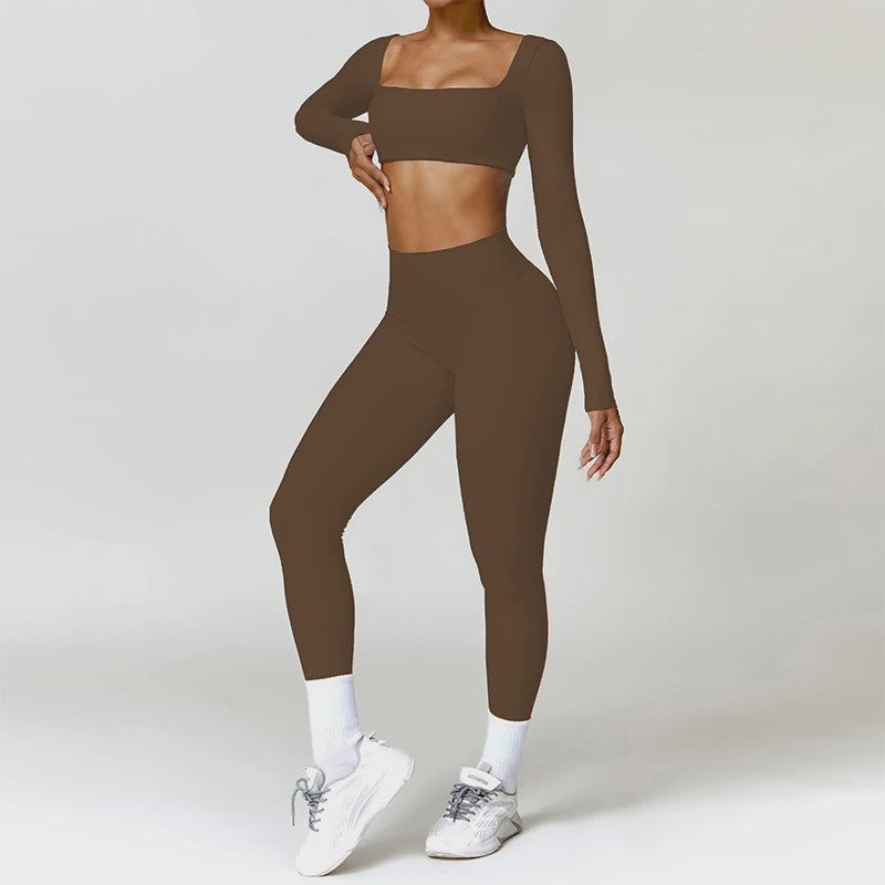 Dames Yoga Set 2-Delig: Sneldrogend Sportpak met Lange Mouwen Top en Hoge Taille Shorts