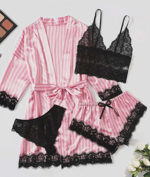 Luxe 4-delige Satin Pyjamaset met Kant - Comfortabel & Sexy