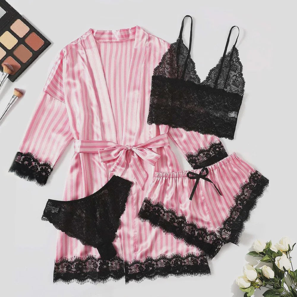 Luxe 4-delige Satin Pyjamaset met Kant - Comfortabel & Sexy