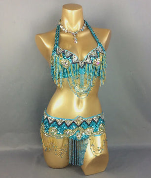 Dames Buikdans Set: Luxe Beaded Bh & Heupsjaal met Franjes