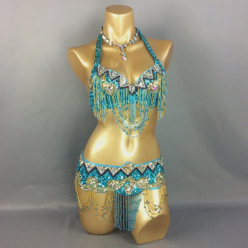 Dames Buikdans Set: Luxe Beaded Bh & Heupsjaal met Franjes