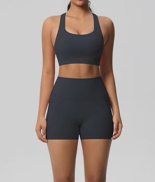 Dames Yoga Set: Sportieve Kleding met Hoge Taille Shorts en Sportbeha met Zakken