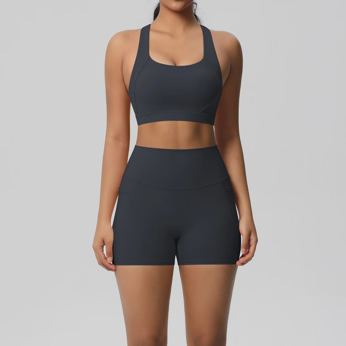 Dames Yoga Set: Sportieve Kleding met Hoge Taille Shorts en Sportbeha met Zakken