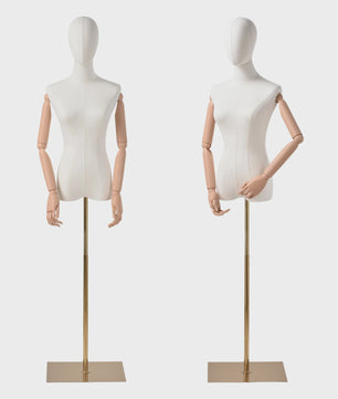Verstelbare Paspop Mannequin met Gouden Standaard - Linnen Cover, Afneembare Hoofd & Armen