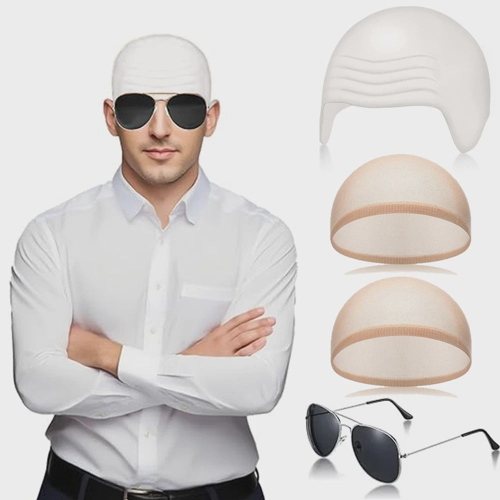 Set van 4 Kale Hoofd Pruikenkapjes & Accessoires voor Cosplay en Feest
