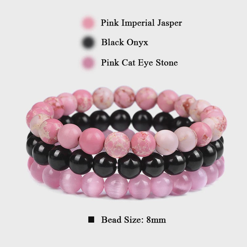 Set van 3 Natuursteen Armbanden: Rozenkwarts, Obsidiaan & Tijgeroog