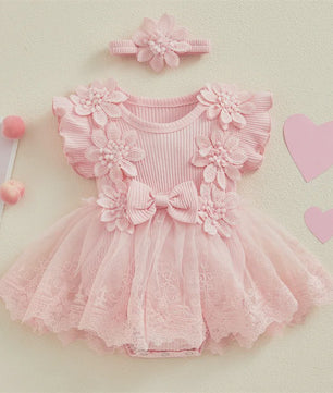Prinsessen Baby Meisjes Romper Jurk met 3D Bloemen, Kant & Hoofdband - Zomerkleding