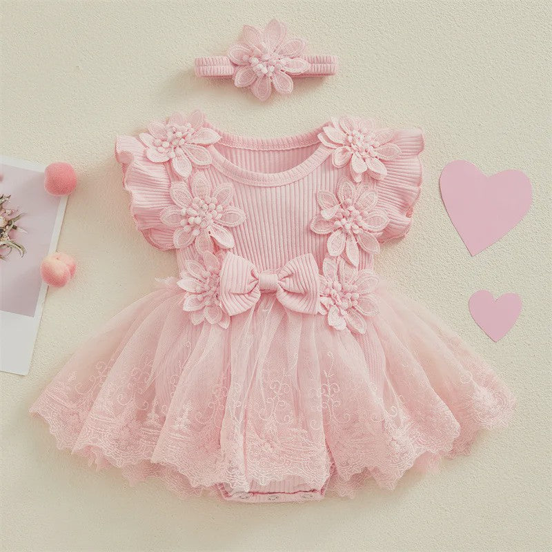 Prinsessen Baby Meisjes Romper Jurk met 3D Bloemen, Kant & Hoofdband - Zomerkleding