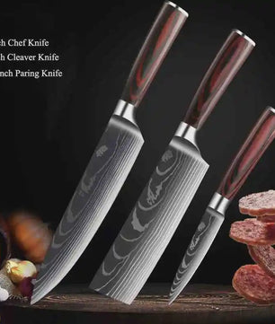 3-delige Keukenmes Set - Damascus Patroon - Hoog Koolstof RVS